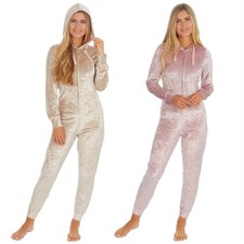 Ladies Crushed Velvet 1Onesie All In One Hooded Pyjamas Size 8-22