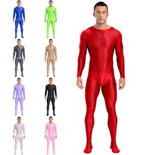 UK Mens Glossy Full Bodysuit Longsleeve One Piece Sheer Unitard Jumpsuits Romper