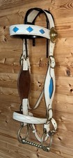 Vintage White Leather Heavy Horse Shire Show Bridle Brass Rosettes Blue Cut-Outs