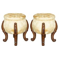 PAIR OF VINTAGE CHESTERFIELD TUFTED FLORAL UPHOLSTERED CARVED FRAME STOOLS