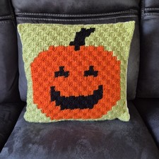 HANDMADE CROCHET CORNER 2 CORNER C2C PUMPKIN CUSHION 16" X 16" BRAND NEW UNIQUE