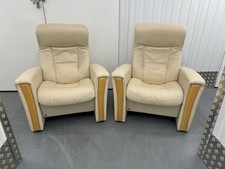 Pair of Norwegian ’Fjords’ Cream Leather Reclining Armchairs / Chairs- VGC