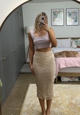 ZARA Beige High Waisted Semi-sheer Draped Lace Diamanté Midi Skirt S