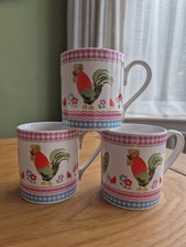 3 X Cath Kidston China Coffee Mugs by Churchill, Chicken Cockerell Design VGC