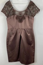 Untold Dress 16 Mocha Brown Lace Beads Embroidered Satin  Pencil Midi Party New