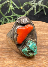 Antique Native American sterling, turquoise, large coral ring - sz 12.5 - 20.76g