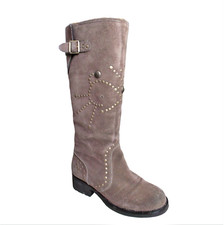 Ash Ladies Tan Suede Side Zip Studded Knee High Biker Boots Size EU 36 UK 3