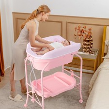 Folding Baby Changing Table with Bathtub Waterproof Pad Storage Tray