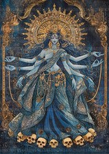 Kali Art Print Hindu Goddess Blue Gold Skull Sacred Fantasy Spiritual Decor AF53