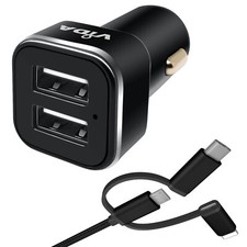 2-Port USB Car Charger Socket 12V Adapter with 3-in-1 Charging Cable Phone Lead