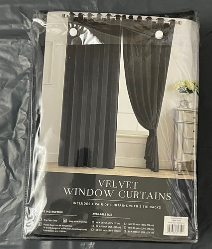 Black velvet window curtains - black,