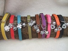 Cat Collar Real Leather Diamante Heart Crown Clover Charm Safety elastic bell 