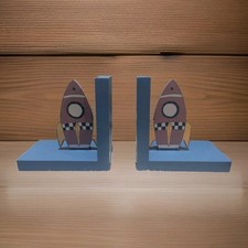 Kids Boy Room Book Shelf Wooden Pair of Bookends Shelf Book Ends Rocket Theme