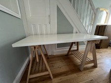 IKEA Mittback Trestle Table Desk White Top Natural Wood Legs