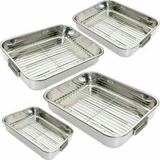 Stainless Steel Deep Roasting Tray Oven Pan Grill Rack Baking Roaster Tin Dish