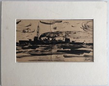 Ronald White Ink Drawing Naval Destroyer Warship Original Maritime Art c1930s
