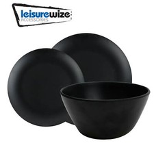 Leisurewize 12 Piece Matt Black Melamine Dinner Set Caravan Camping Shale LW710 