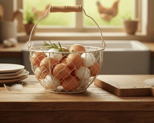 Metal wire egg basket - egg, wooden