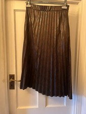 New Zara Brown Faux Leather Look Pleated Midi Skirt, Medium