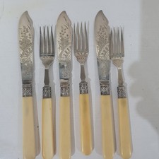 Vintage Engraved Fish Knives & Forks Set Alexander Clark Silver Rings /A1  Steel