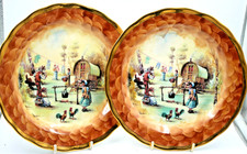 RARE PLATE PAIR GYPSY CARAVAN TRAVELLERS BY K & K CHINA ROSEBERRY STUDIOS 21.5cm