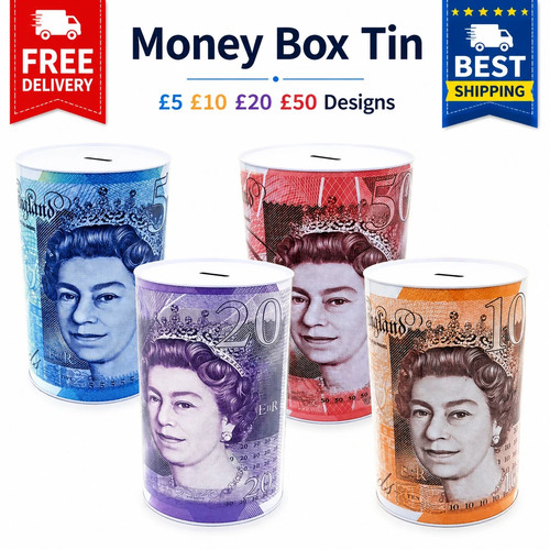 Money box tin - tin, £10