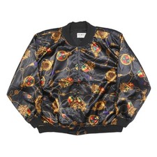 FLOSPORT Womens Black Satin Bomber Jacket L Polyester Blend Zip Baroque Print