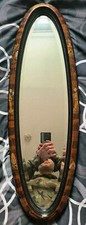 ANTIQUE HANDPAINTED CHINOISERIE OVAL BLACK LACQUERED BEVELED GLASS MIRROR-Ca1900
