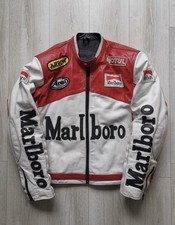 Mens 90s Windproof Marlboro Vintage Motorcycle Racing Biker Cow Leather Jacket
