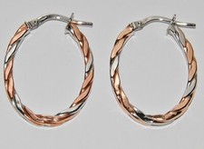 9CT ROSE & WHITE GOLD LADIES TWISTED OVAL CREOLE HOOP EARRINGS