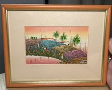 Original Haitian Folk Art Painting by Denis Rousseau - Framed, Colourful Sunset