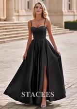 A-Line Satin Prom Formal Dress Black Sweetheart Floor-Length w/ Pockets Split