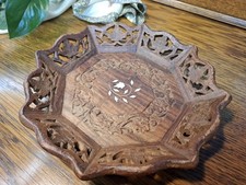 Vintage Indian Hand Carved Wooden Plate Serving Dish Floral Design Decorative