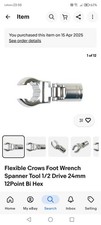 Flexible Crows Foot Wrench Spanner Tool 1/2 Drive 24mm 12Point Bi Hex