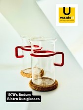 2 Vintage Tall Bodum Bistro Duo Red Tea Coffee Glasses + Cork Coasters, Boxed