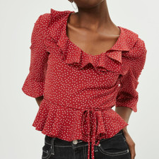 New! TOPSHOP women's red ruffle blouse - UK 10 - polka dot tie waist frill ditsy