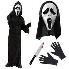 KIDS HAPPY DAY COSTUME SCREAM GHOST HALLOWEEN FANCY DRESS OUTFIT MASK GLOVES HOT