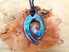 New Zealand Abalone Paua Shell Maori Koru Pendant  17"/43cm Black Cord Necklace