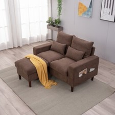 Upholstered Linen 2 Seats Loveseat Couch Sofa Ottoman Furniture for Small Space