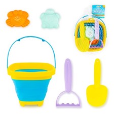 Foldable Beach Bucket Set Kids | 5pc Collapsible Sand Toys Spade Rake |