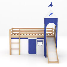 Kids Bunk Bed Mid Sleeper with Ladder & Slide Pine Wood Bed Frame Cabin Tent Bed