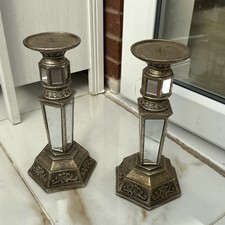 Pair Table Top metal Pillar Candle Holder Stand Gold - H 32 x top 10 x base 16cm