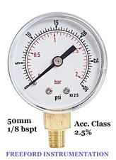 Pressure Gauge 50mm 1/8 BSPT Vertical 0/15,30,60.100,150,300 PSI & Bar 2.5%