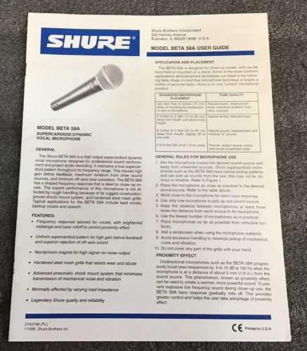 Shure model beta58a - beta58a, user