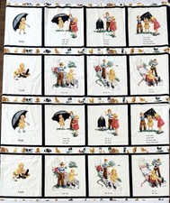 2 Fabric Panels SALLY LOOK Dick and Jane 16 Cotton Quilt squares Michael Miller
