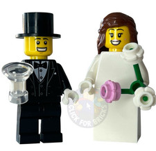 LEGO Bride & Groom Wedding Minifigures Suit Dress + Bouquet Glass Engagment NEW