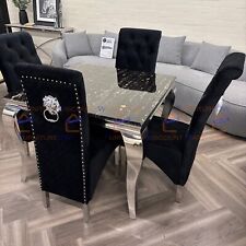 Luxury 1m Square Black & Gold Marble Dining Table and 4 Chairs Emma Velvet Set