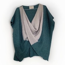 WHITE STUFF Green Teal and Beige Cross Over Alpaca Mix Poncho Jumper One Size