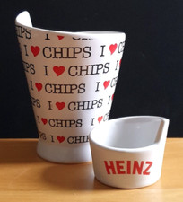 HEINZ I LOVE CHIPS OFFICIAL CERAMIC CHIP CONE WITH SAUCE DIP POT