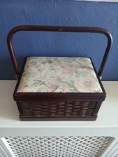 VTG 80s Sewing Box  Wood And Rattan Brass Hinges Cream Interior 10 X 8 X 5" High